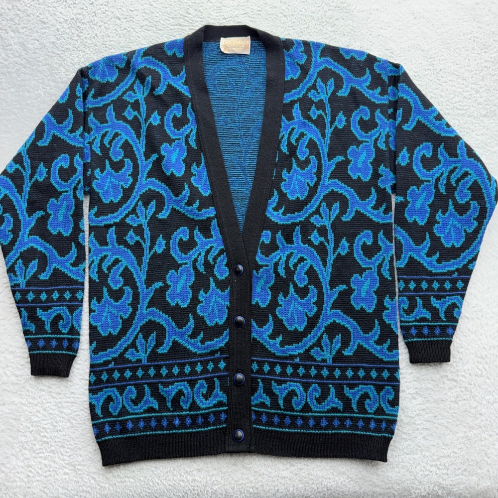 Pendleton Vintage Womens Blue Black Damask Floral Wool‎ Cardigan Sweater M USA